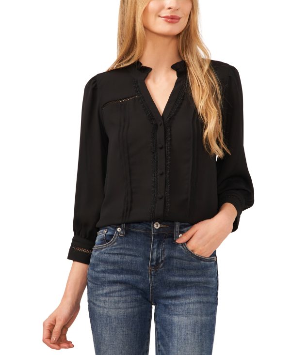 CeCe Women's Lace Trimmed Pintuck 3/4-Sleeve Button Front Blouse - Rich Black