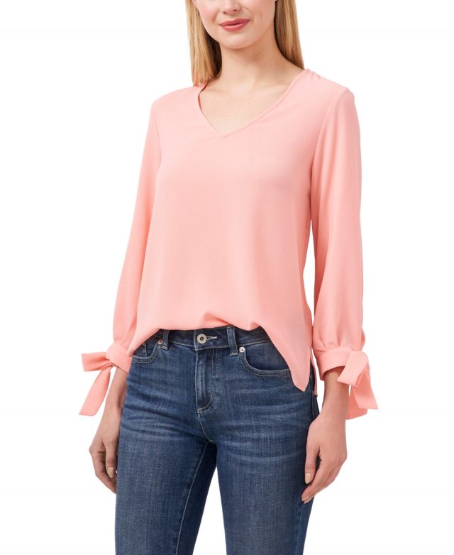 CeCe Women's Long Sleeve Bow Tie-Cuff V-Neck Blouse - Soft Peach