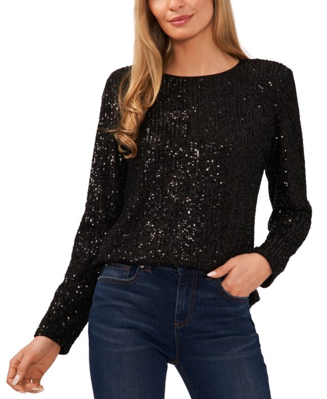CeCe Women's Long-Sleeve Crew Neck Sequin Blouse - Rich Black