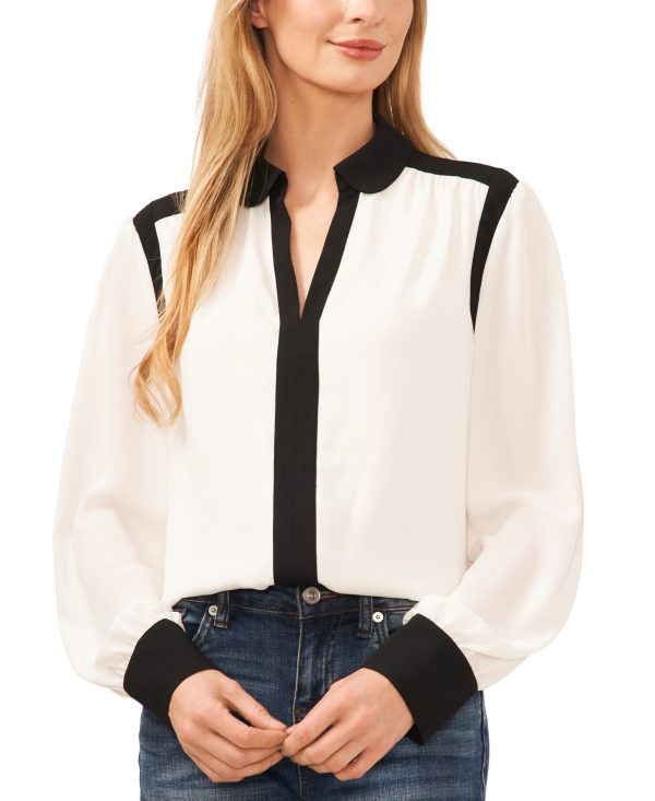CeCe Women's Long Sleeve Peter Pan Collar Colorblocked Blouse - New Ivory