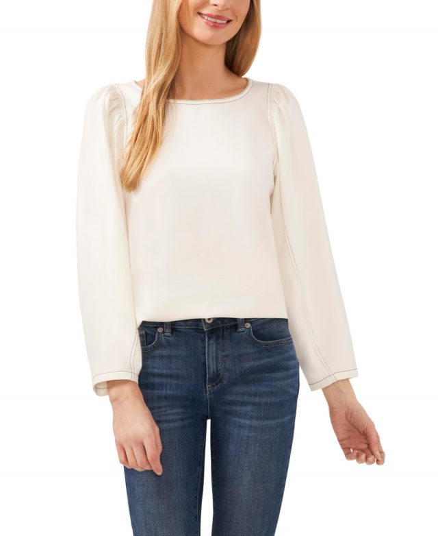 CeCe Women's Long Sleeve Puff Sleeve Blouse with Topstitching - New Ivory