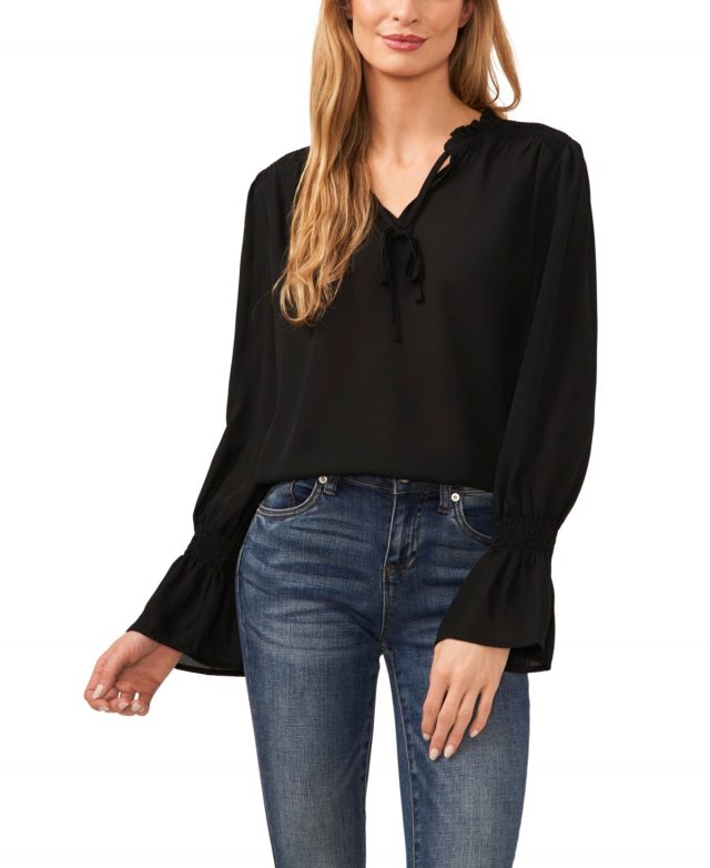 CeCe Women's Long-Sleeve Tie-Neck Ruffle Blouse - Rich Black