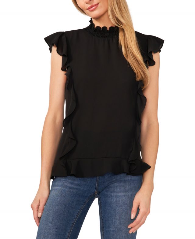 CeCe Women's Mock Neck Ruffle-Trim Blouse - Rich Black