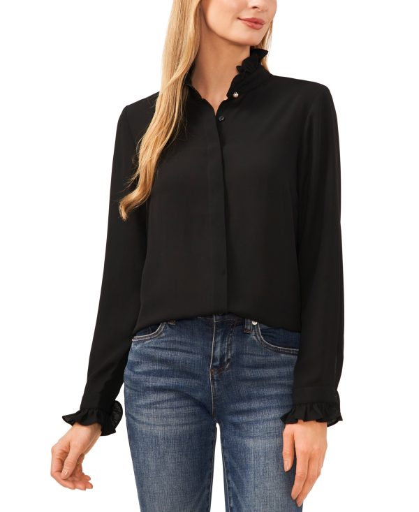CeCe Women's Ruffled-Collar Button-Front Long-Sleeve Blouse - Rich Black