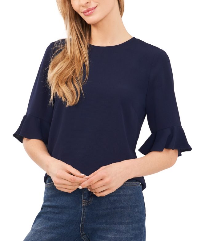 CeCe Women's Ruffled-Cuff 3/4-Sleeve Crew Neck Blouse - Classic Navy
