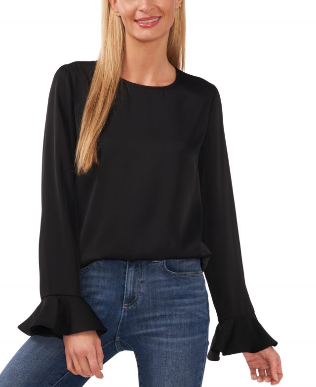 CeCe Women's Ruffled-Cuff Long-Sleeve Round-Neck Blouse - Rich Black