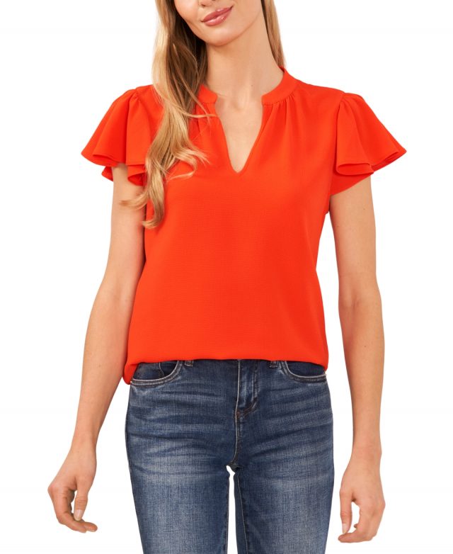 CeCe Women's Short Ruffled Sleeve Solid V-Neck Blouse - Cherry Pop