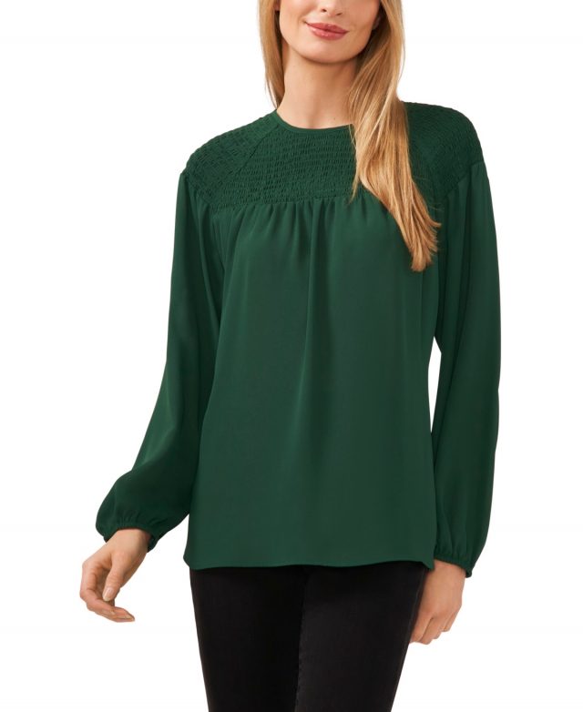 CeCe Women's Smocked Yoke High Low Blouse - Alpine Green