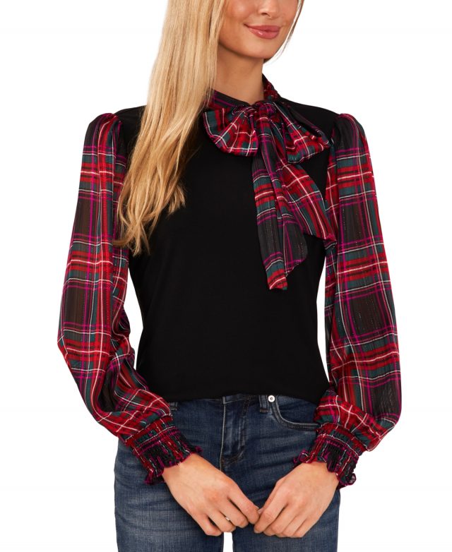 CeCe Women's Tie-Neck Mixed Media Tartan Blouse - Rich Black
