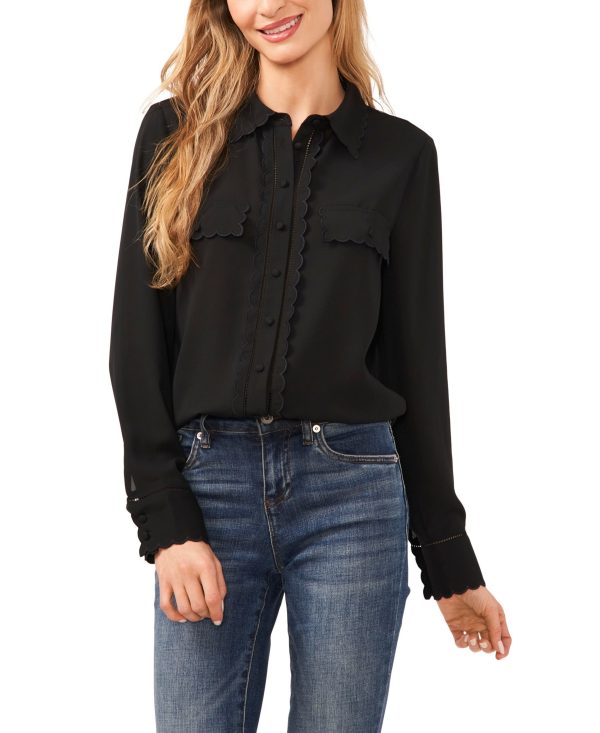 Cece Women's Long Sleeve Scalloped Button Down Blouse with Pockets - Rich Black