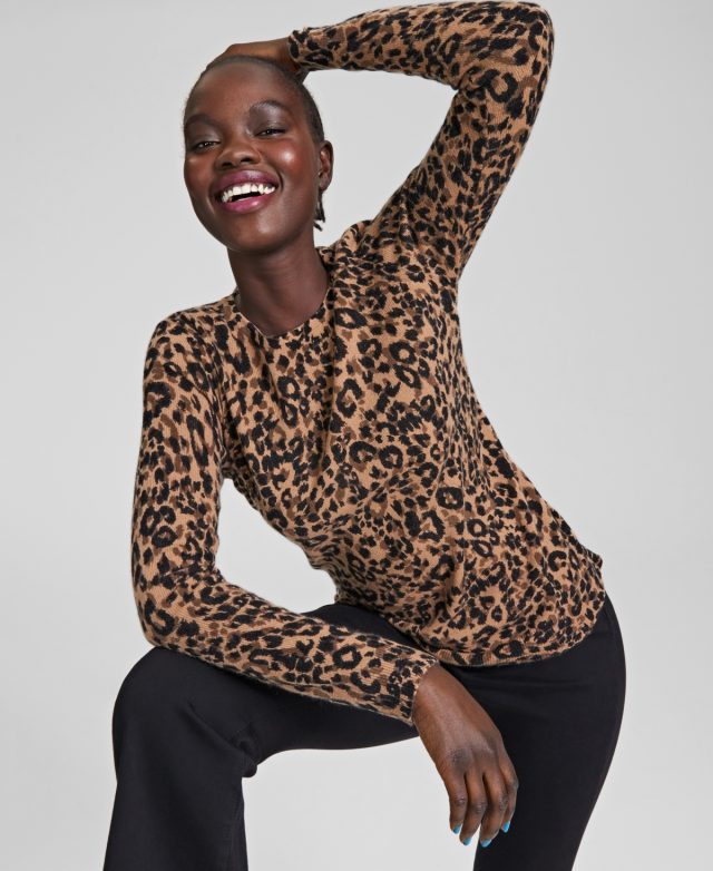 Charter Club 100% Cashmere Cheetah-Print Sweater, Created for Macy's - Pecan Sandie