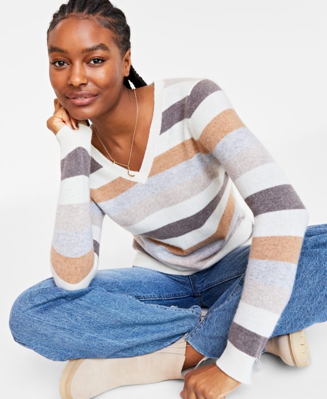 Charter Club Petite 100% Cashmere Striped V-Neck Sweater, Created for Macy's - Heather Camel Combo