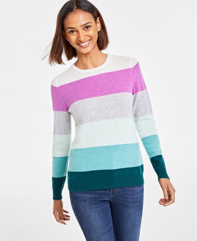 Charter Club Petite Striped 100% Cashmere Sweater, Created for Macy's - Ice Grey Heather Combo