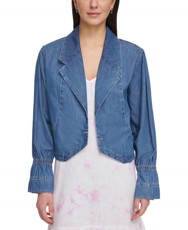 Dkny Jeans Women's Cotton Denim Notched Collar Cropped Blazer - Bayside