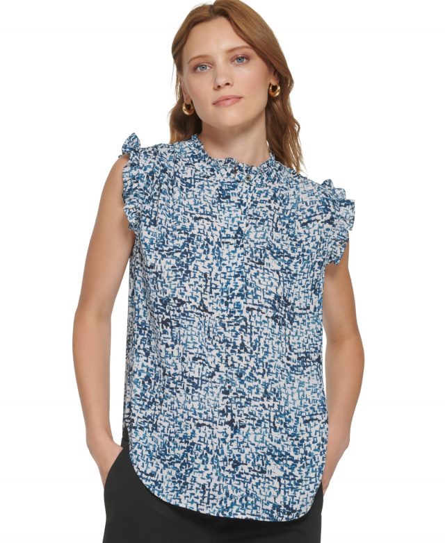 Dkny Petite Printed Ruffle-Trim Half-Placket Blouse - Topaz Multi