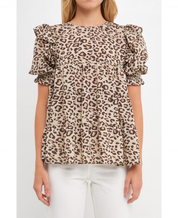 Free the Roses Women's Animal Print Tiered Blouse - Beige combo