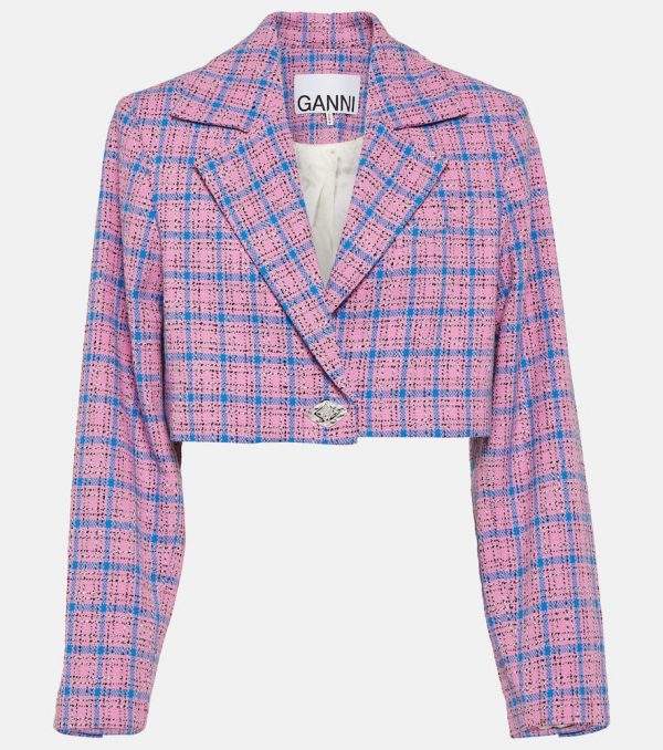 Ganni Checked cropped cotton-blend blazer