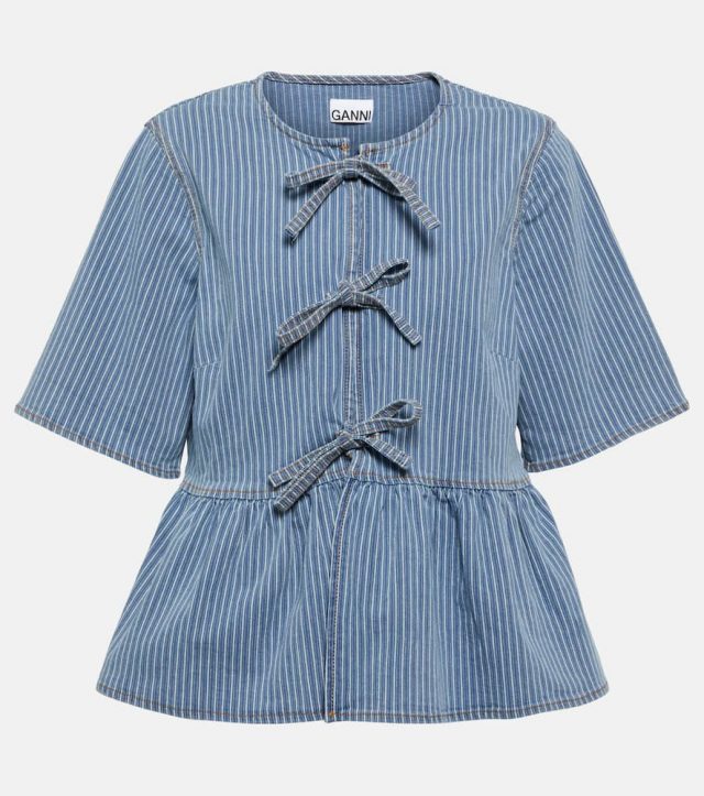 Ganni Striped bow-trimmed peplum denim blouse