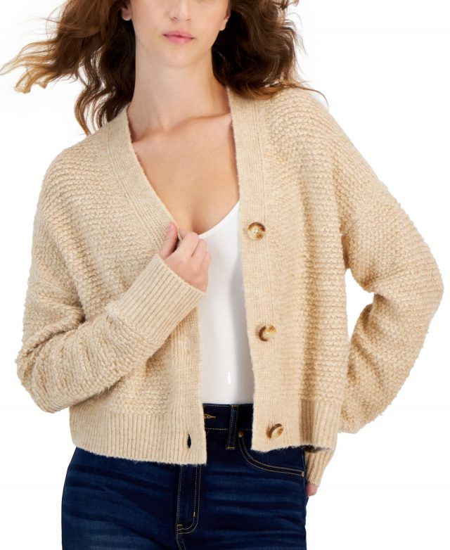 Hooked Up by Iot Juniors' Button-Front Cardigan Sweater - Cashmere Sand