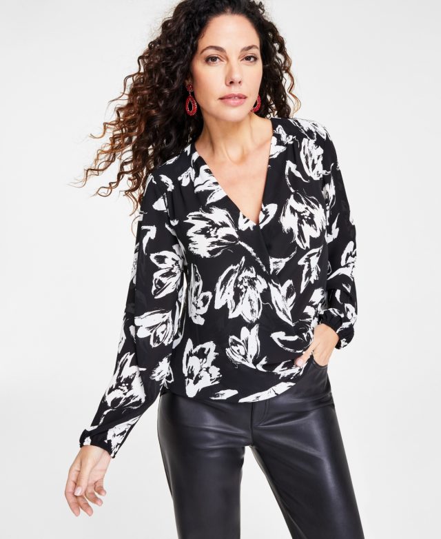 I.n.c. International Concepts Petite Printed Surplice V-Neck Blouse, Created for Macy's - Hayden Garden
