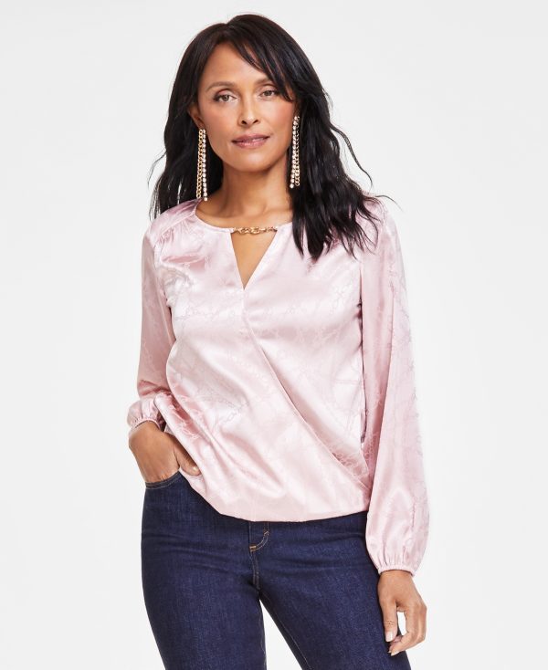 I.n.c. International Concepts Women's Embellished-Neck Satin Surplice Blouse, Created for Macy's - Pale Mauve