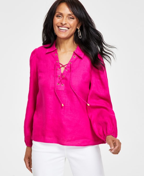 I.n.c. International Concepts Women's Lace-Up-Neck Blouse, Created for Macy's - Pink Tutu