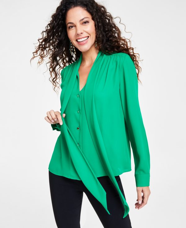 I.n.c. International Concepts Women's Scarf-Neck Long-Sleeve Blouse, Created for Macy's - Pine Green