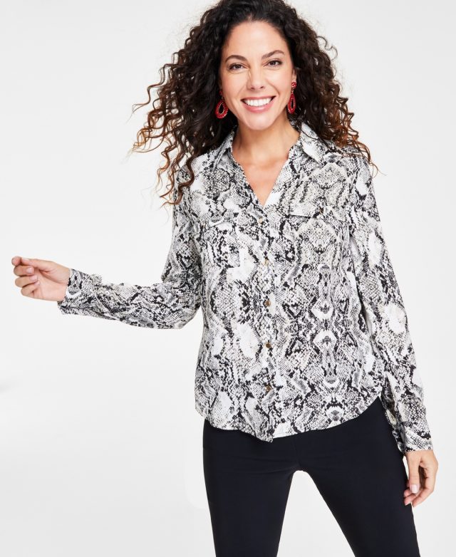 I.n.c. International Concepts Women's Snake-Print Long-Sleeve Blouse, Created for Macy's - Desert Snake
