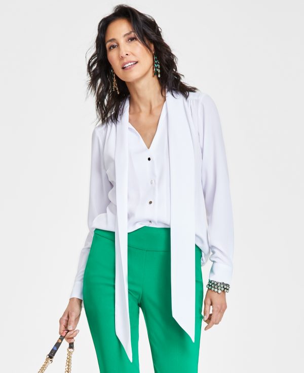I.n.c. International Concepts Women's Tie-Neck Long-Sleeve Blouse, Created for Macy's - Bright White