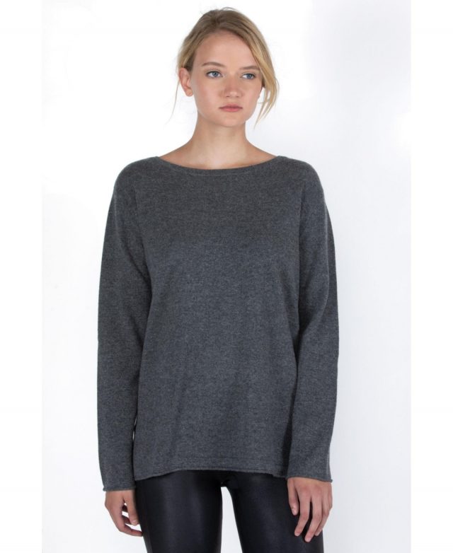 J Cashmere Women's 100% Cashmere Dolman Sleeve Pullover High Low Sweater - Charcoal