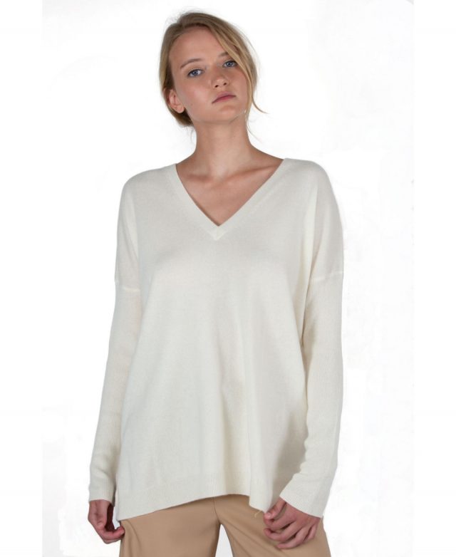 J Cashmere Women's 100% Cashmere Slouchy Dolman Sleeve Double V Neck Sweater - Cream