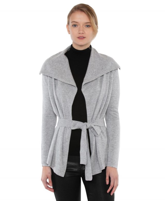 Jennie Liu Women's 100% Pure Cashmere Long Sleeve Belted Cardigan Sweater - Grey