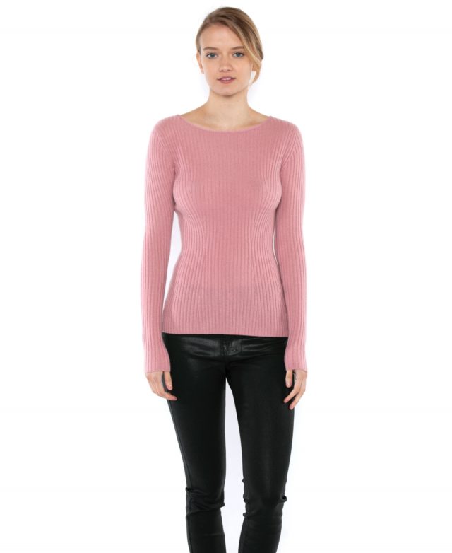 Jennie Liu Women's 100% Pure Cashmere Long Sleeve Ribbed Boatneck Sweater - Blush