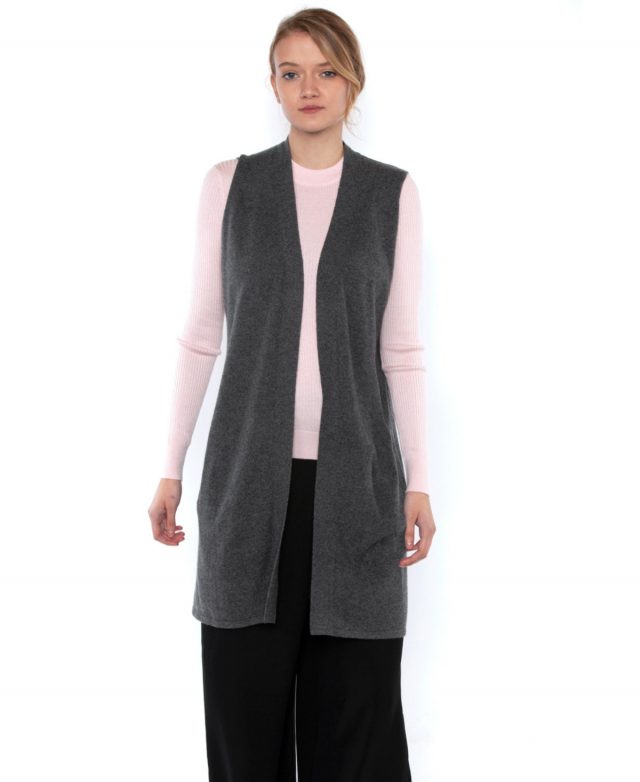 Jennie Liu Womens 100% Pure Cashmere Sleeveless Cardigan Sweater Duster Vest - Charcoal