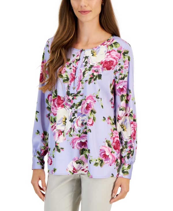 Jm Collection Petite Floral-Print Satin Blouse, Created for Macy's - Light Lavender Combo