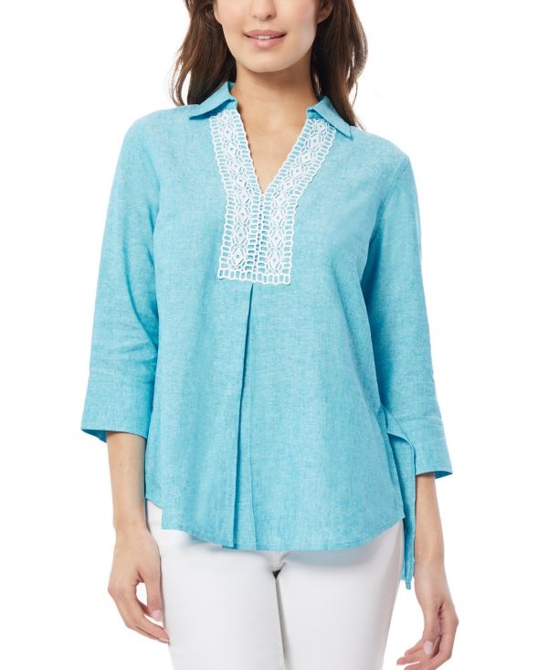 Jones New York Women's Lace Trim V-Neck High-Low Linen Tunic Blouse - Blue Grotto, NYC White