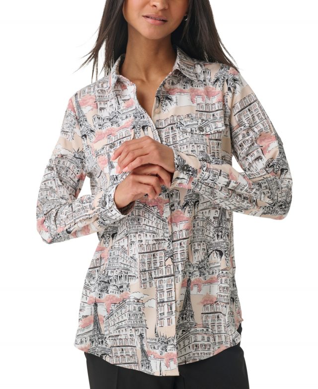Karl Lagerfeld Paris Women's Pocket-Front Whimsical Blouse - Dune Pink Multi