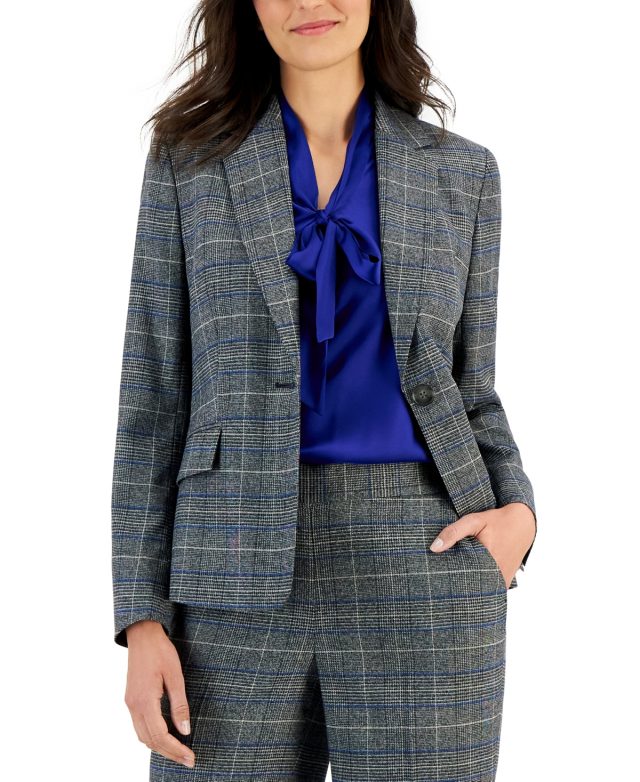 Kasper Petite One-Button Glen Plaid Blazer - Royal Blue Multi