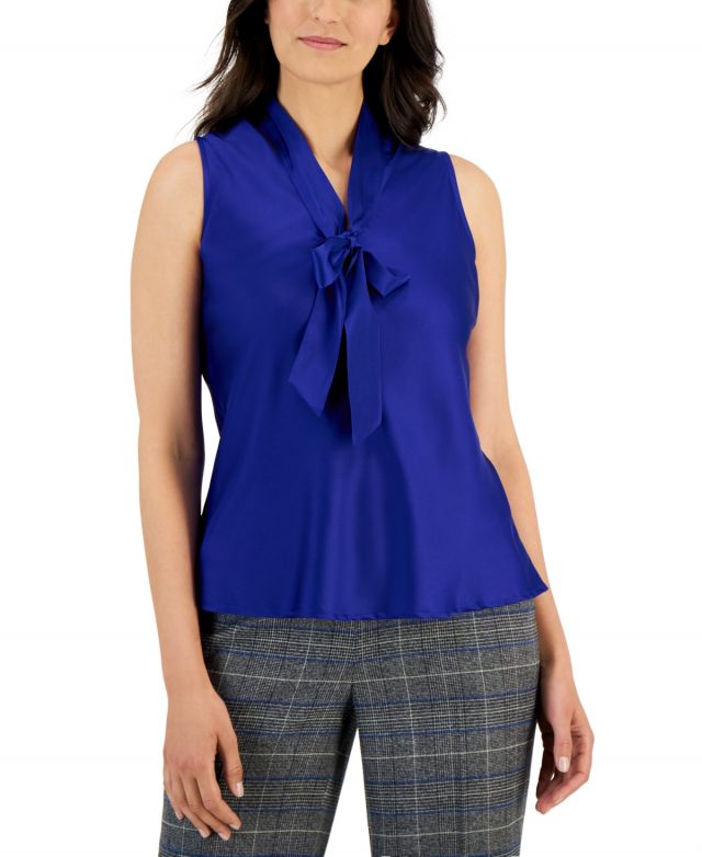 Kasper Women's Sleeveless Matte Satin Tie-Neck Blouse - Royal Blue