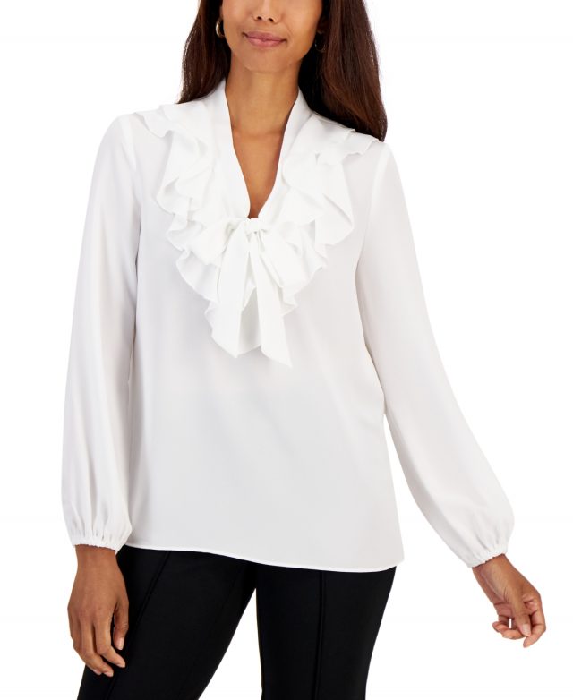 Kasper Women's Tie-Front Ruffled Blouse - Vanilla Ice