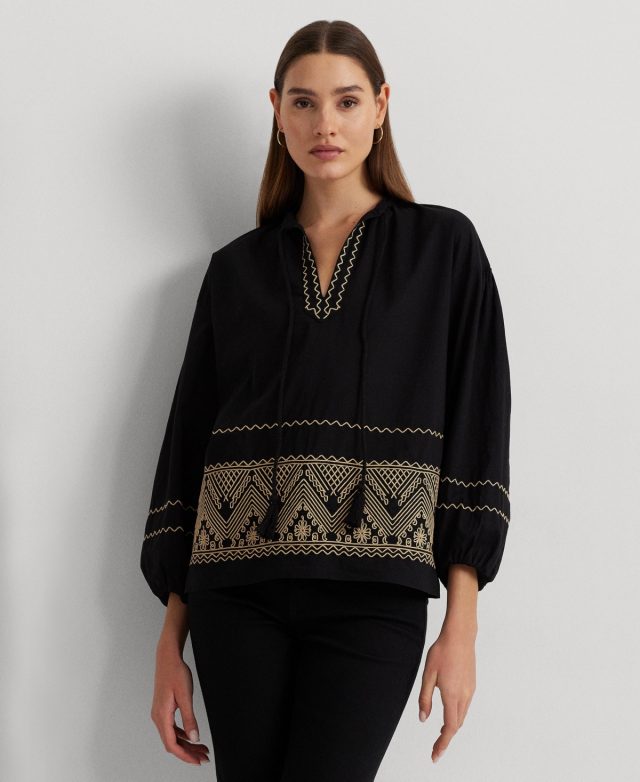 Lauren Ralph Lauren Women's Embroidered Cotton Voile Blouse - Black/tan