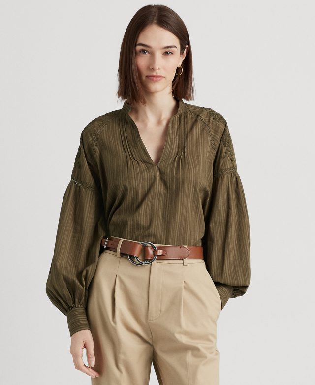 Lauren Ralph Lauren Women's Shadow-Stripe Cotton Blouse - Olive Fern