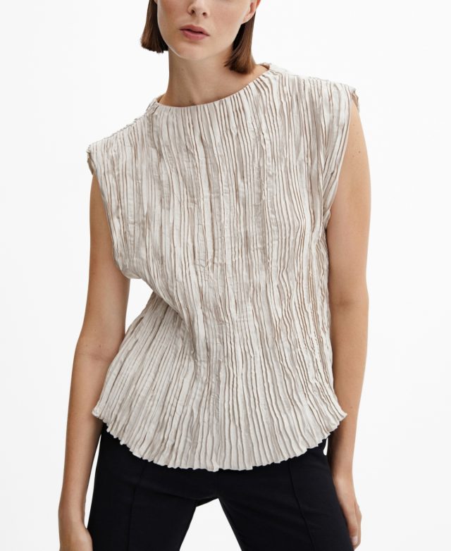 Mango Women's Satin Pleated Blouse - Light, Pastel Gray