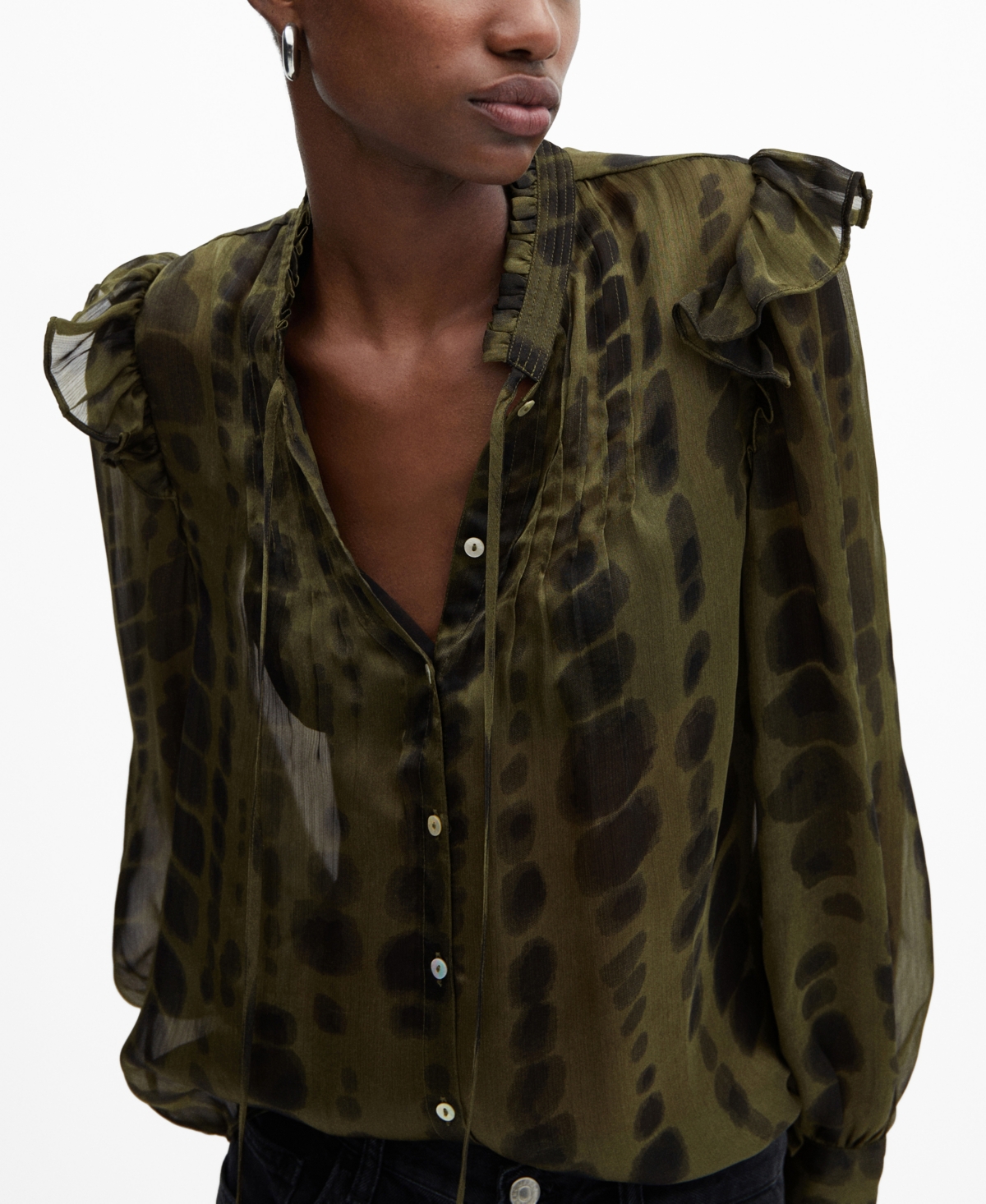 Mango Women's Satin Print Blouse - Khaki