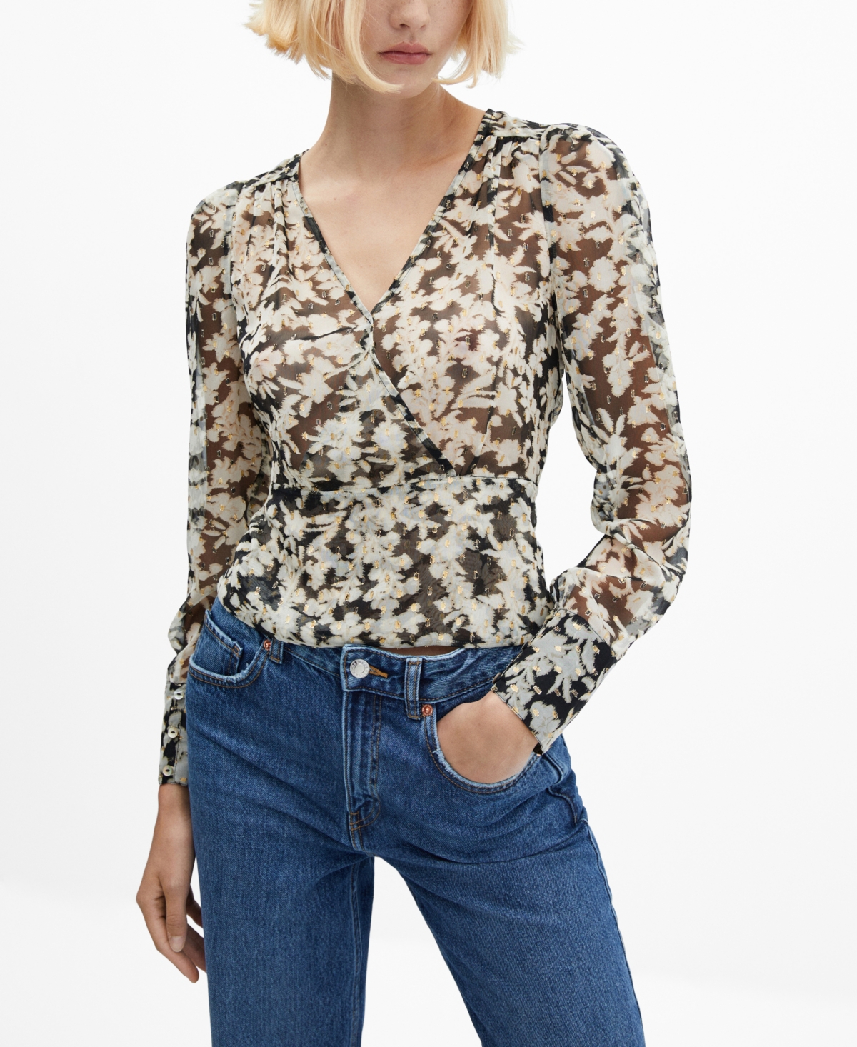 Mango Women's Semi-Transparent Floral Print Blouse - Sheer Black, Gray