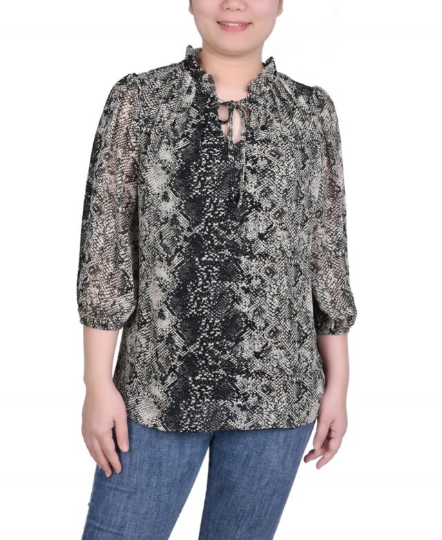 Ny Collection Petite 3/4 Sleeve Chiffon Blouse - Black Snakeskin