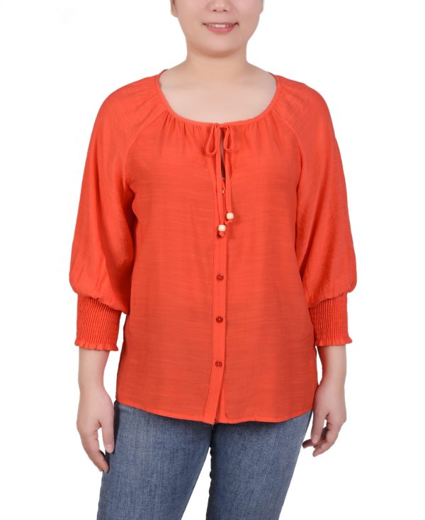 Ny Collection Petite Button Front 3/4 Sleeve Blouse - Fiesta Red