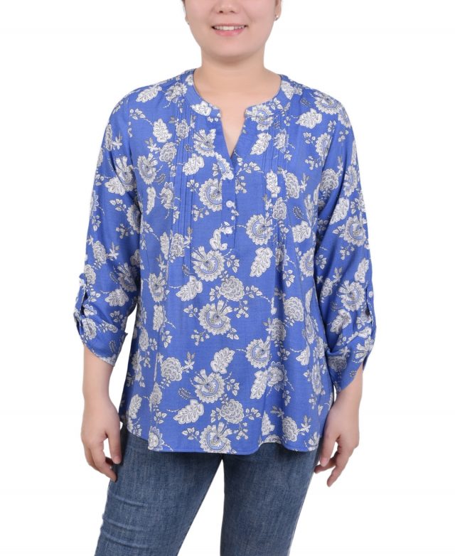 Ny Collection Petite Long Roll Tab Sleeve Pintuck Front Blouse - Blue Snake Pais