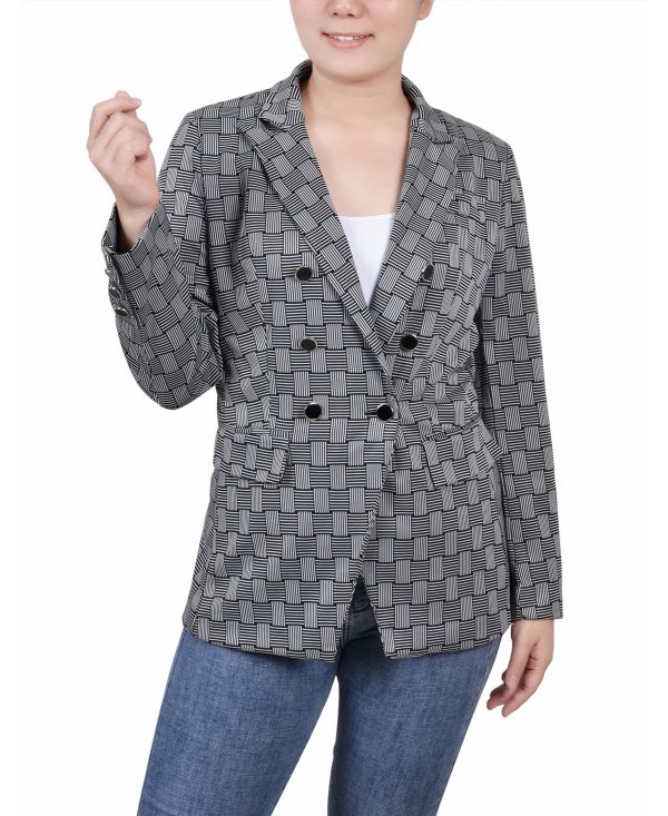 Ny Collection Petite Printed Double Breasted Blazer - Black White Plaid