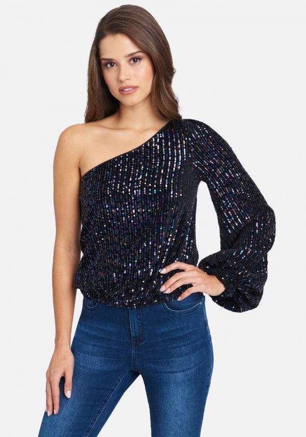 One Shoulder Balloon Sleeve Multi Color Sequin Blouse